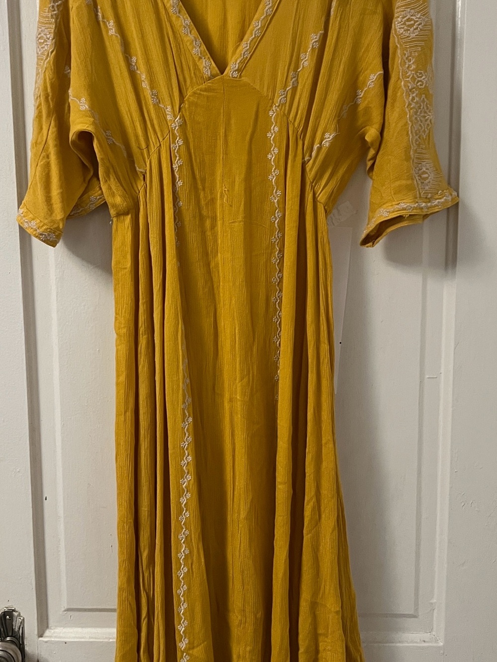 Bohemian Mustard Yellow Embroidered V-Neck dress coastal resort hippie
